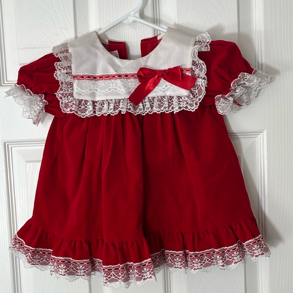 Vintage baby valentines dress Picture Perfect red velvet white lace trim red bow